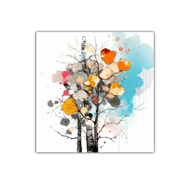 Cuadro decorativo con árboles y pinceladas en tonos cálidos y azul