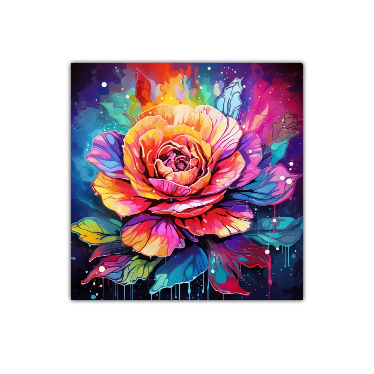 Cuadro vibrante con rosa multicolor y hojas llamativas — imagen principal