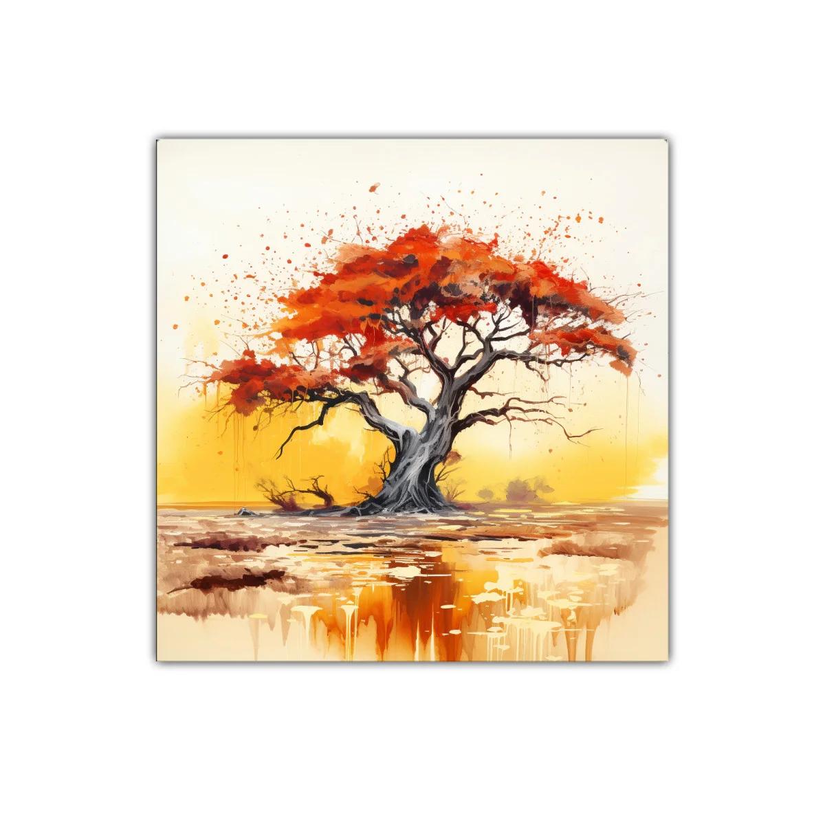 Árbol con follaje rojizo en paisaje cálido y sereno
