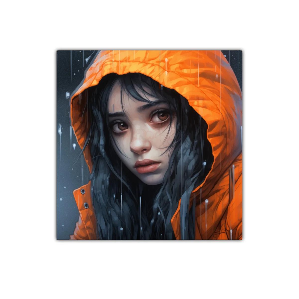 Retrato melancólico con capucha naranja bajo la lluvia — imagen principal