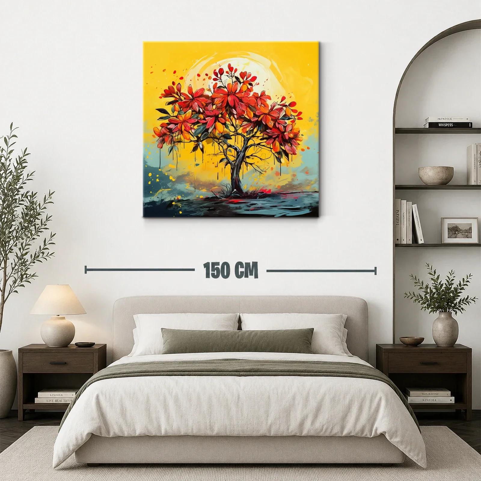 Árbol vibrante con flores rojas sobre fondo amarillo cálido — miniatura 3