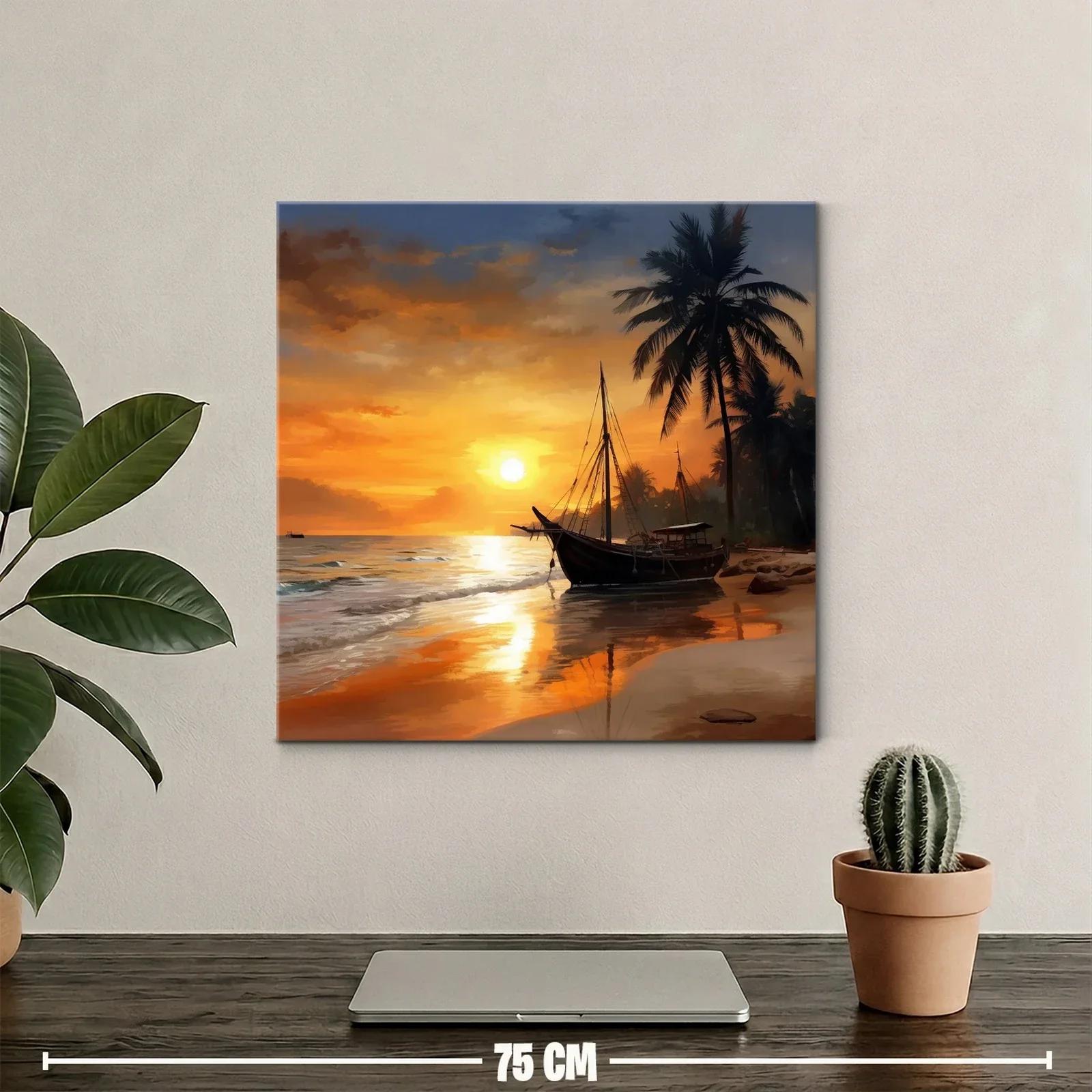 Atardecer en la playa con barco y palmeras — miniatura 2