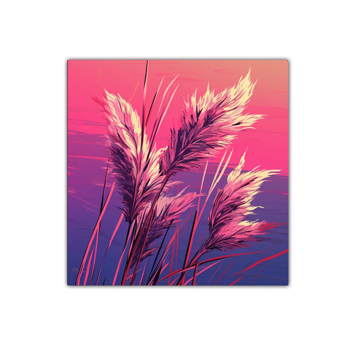 Cuadro decorativo con plumas en tonos cálidos y violetas — imagen principal