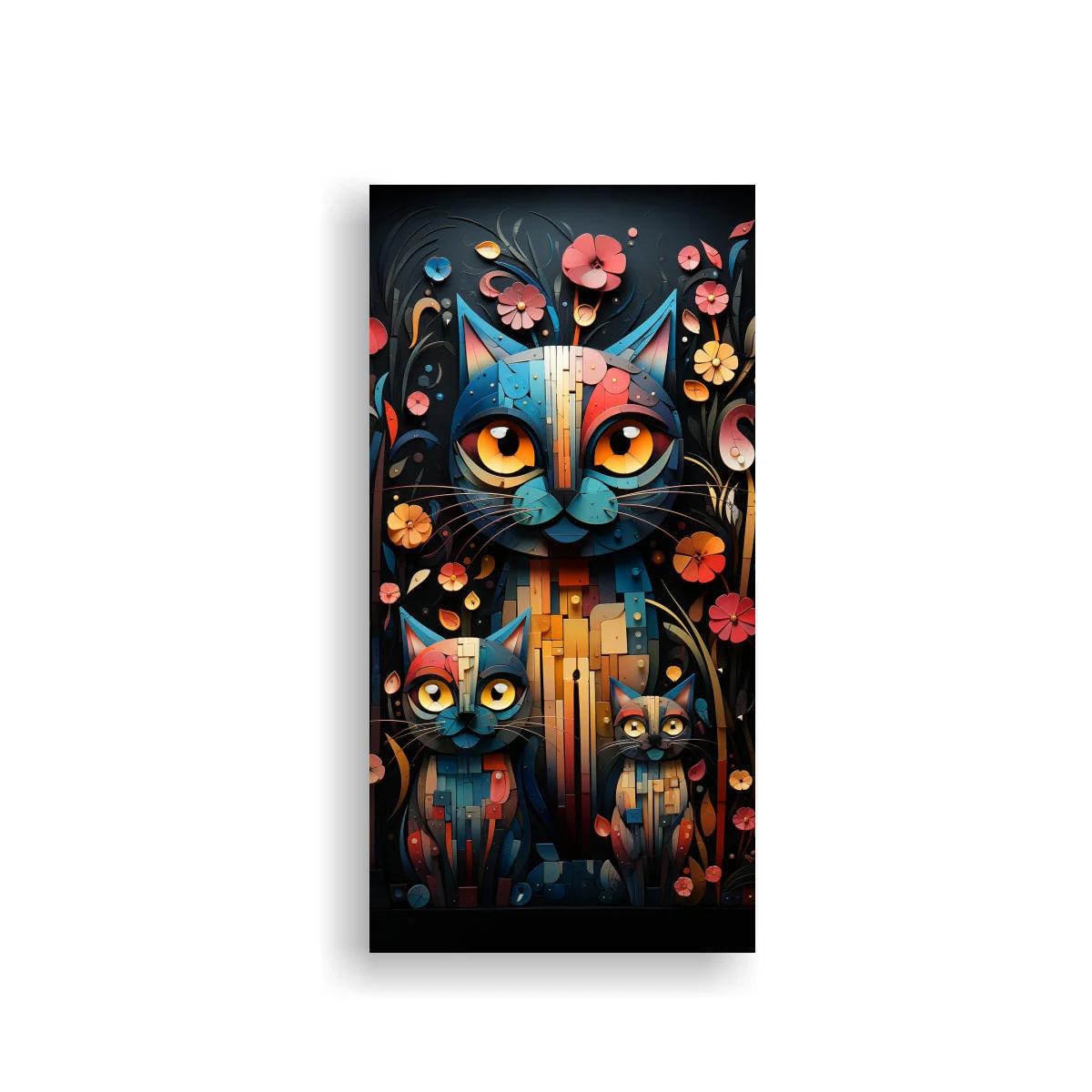 Cuadro gato de ojos grandes con flores y tallos finos