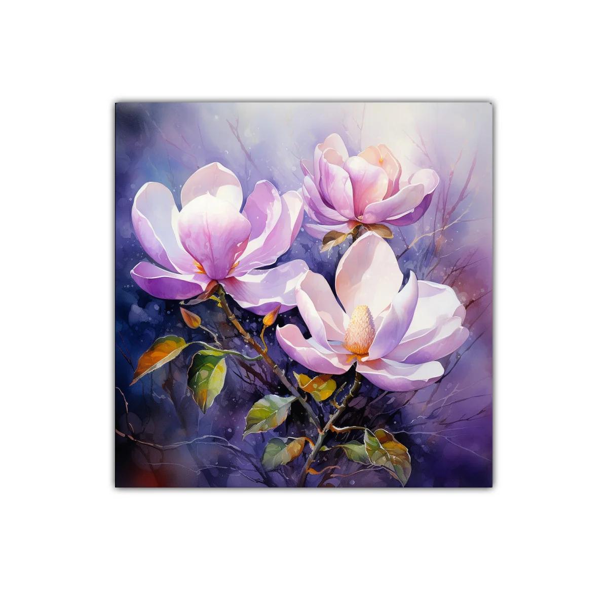 Cuadro con flores de magnolia en tonos lilas y verdes