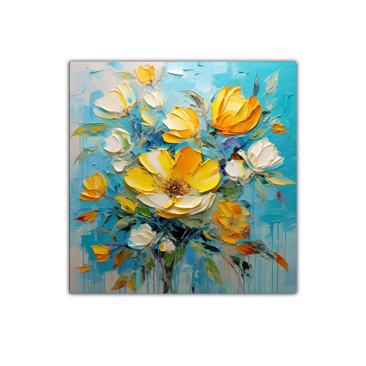 Cuadro decorativo con flores amarillas sobre fondo azul vibrante — imagen principal