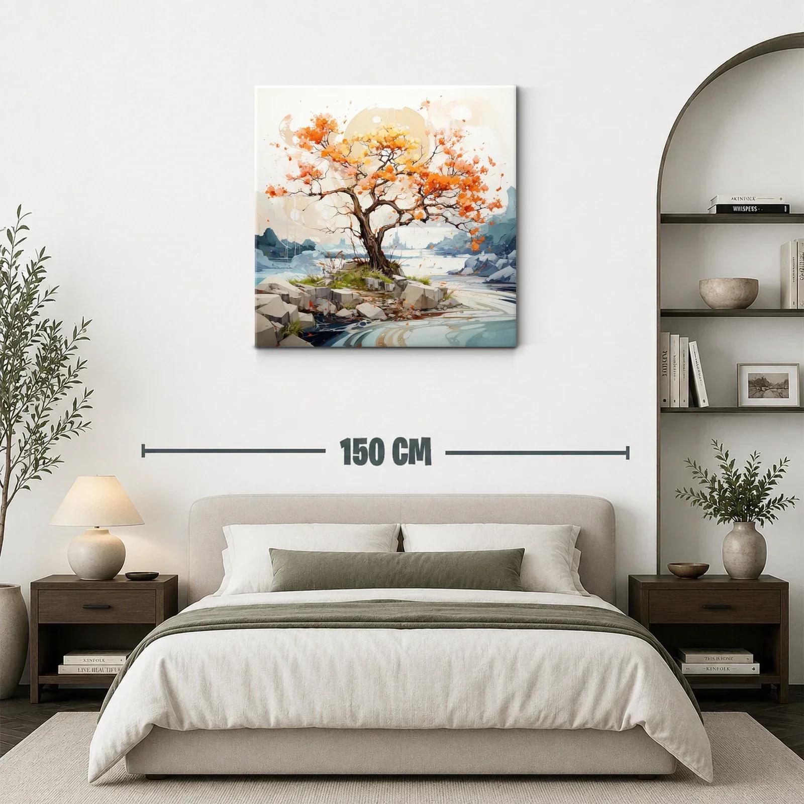 Árbol otoñal vibrante en paisaje sereno de río y rocas — miniatura 3