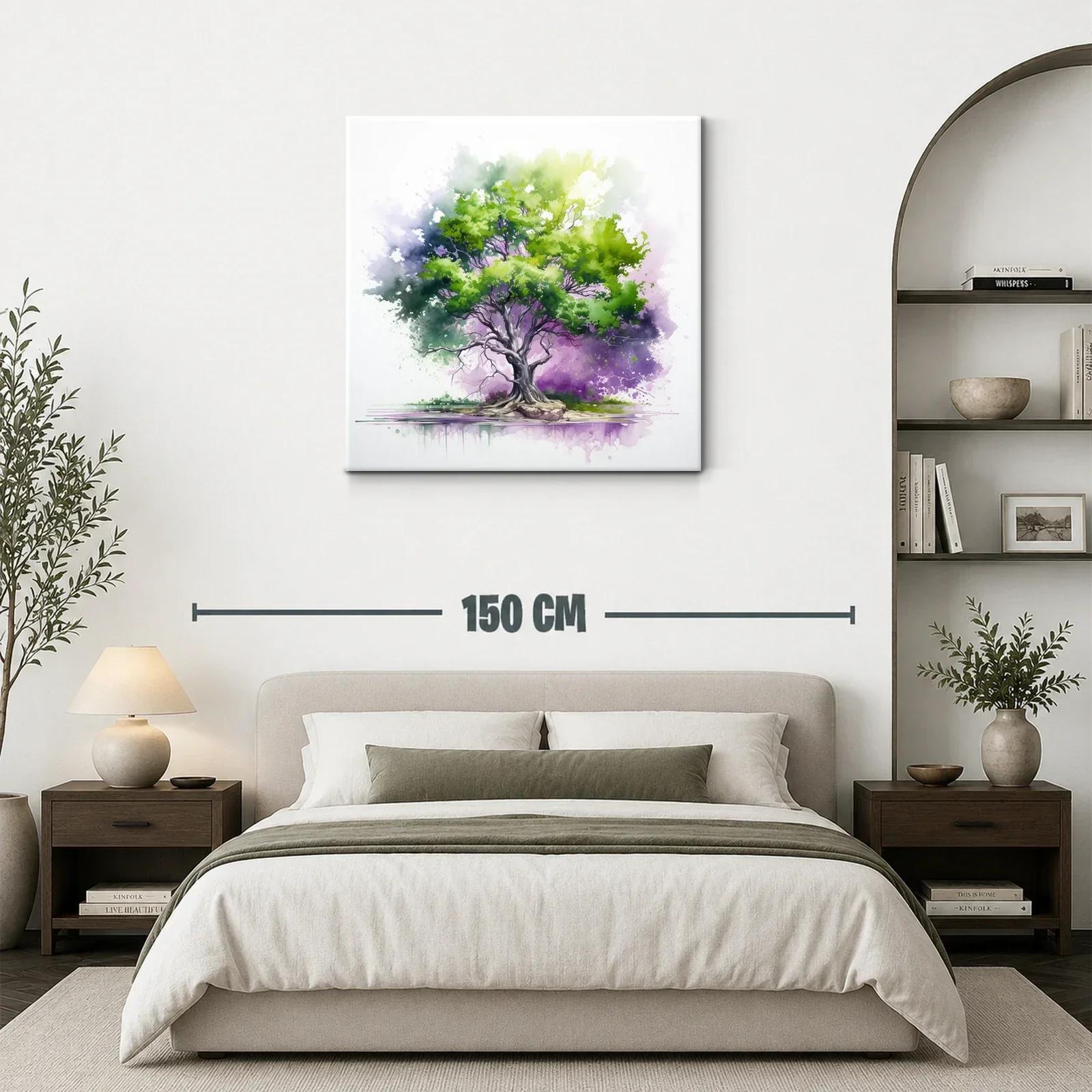Árbol vibrante en tonos verdes y morados con reflejo suave — miniatura 3