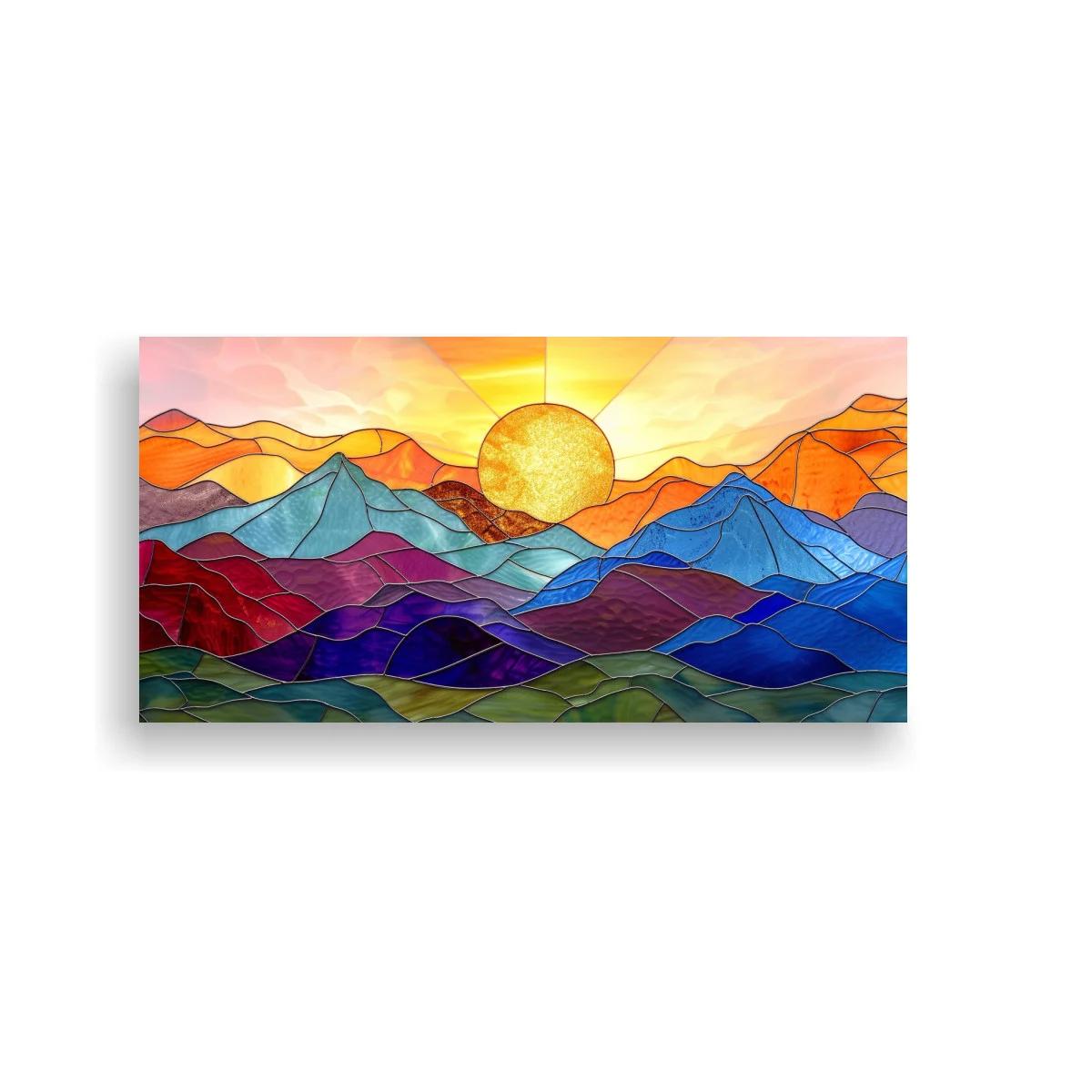 Cuadro paisaje de montañas facetadas con sol redondo