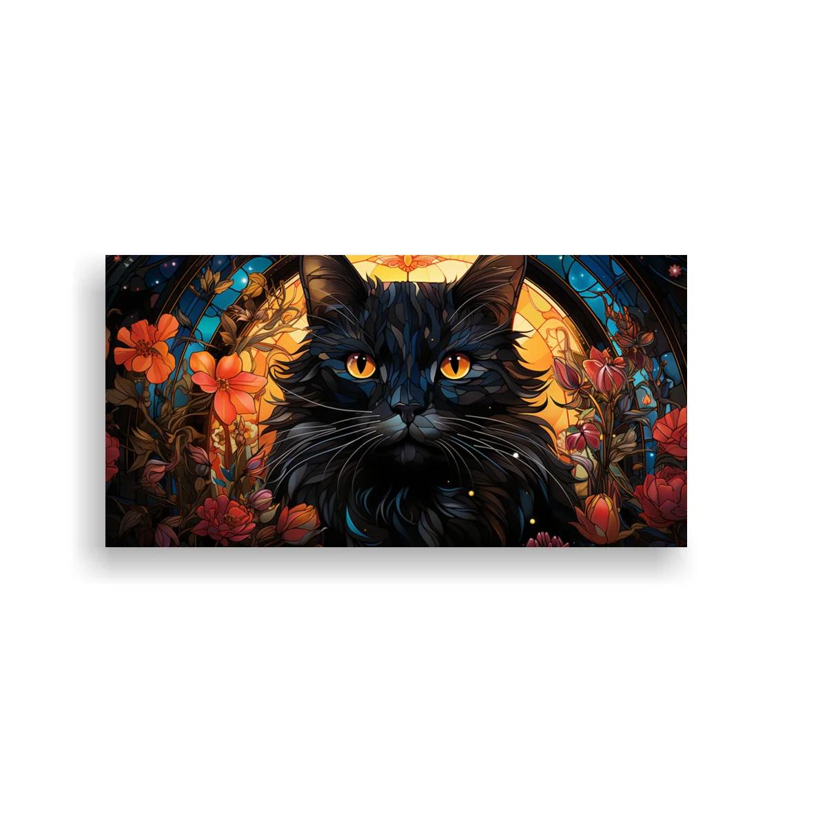 Cuadro gato negro de pelo largo con luna luminosa