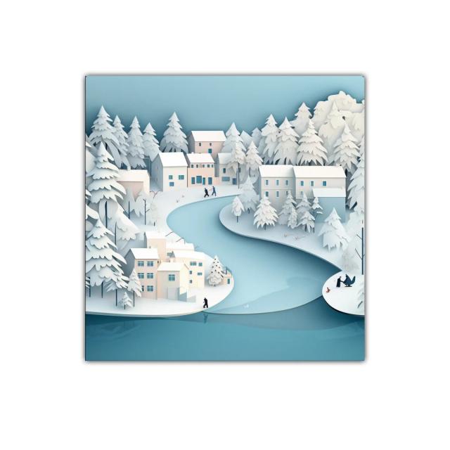 Paisaje invernal sereno con río y casas nevadas