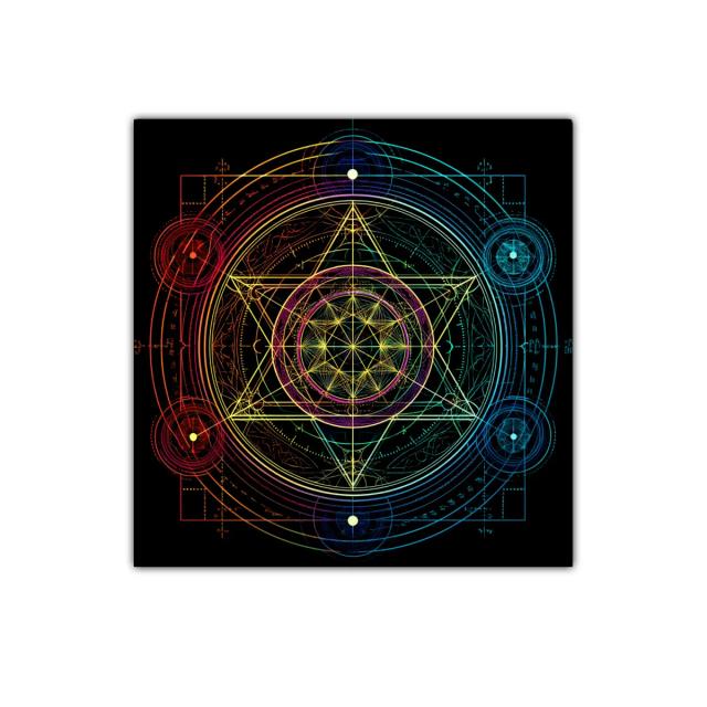 Mandala geométrico con colores vibrantes sobre fondo negro