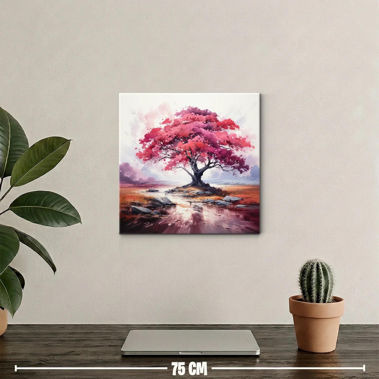Árbol en tonos rosas y rojos sobre paisaje sereno — miniatura 2
