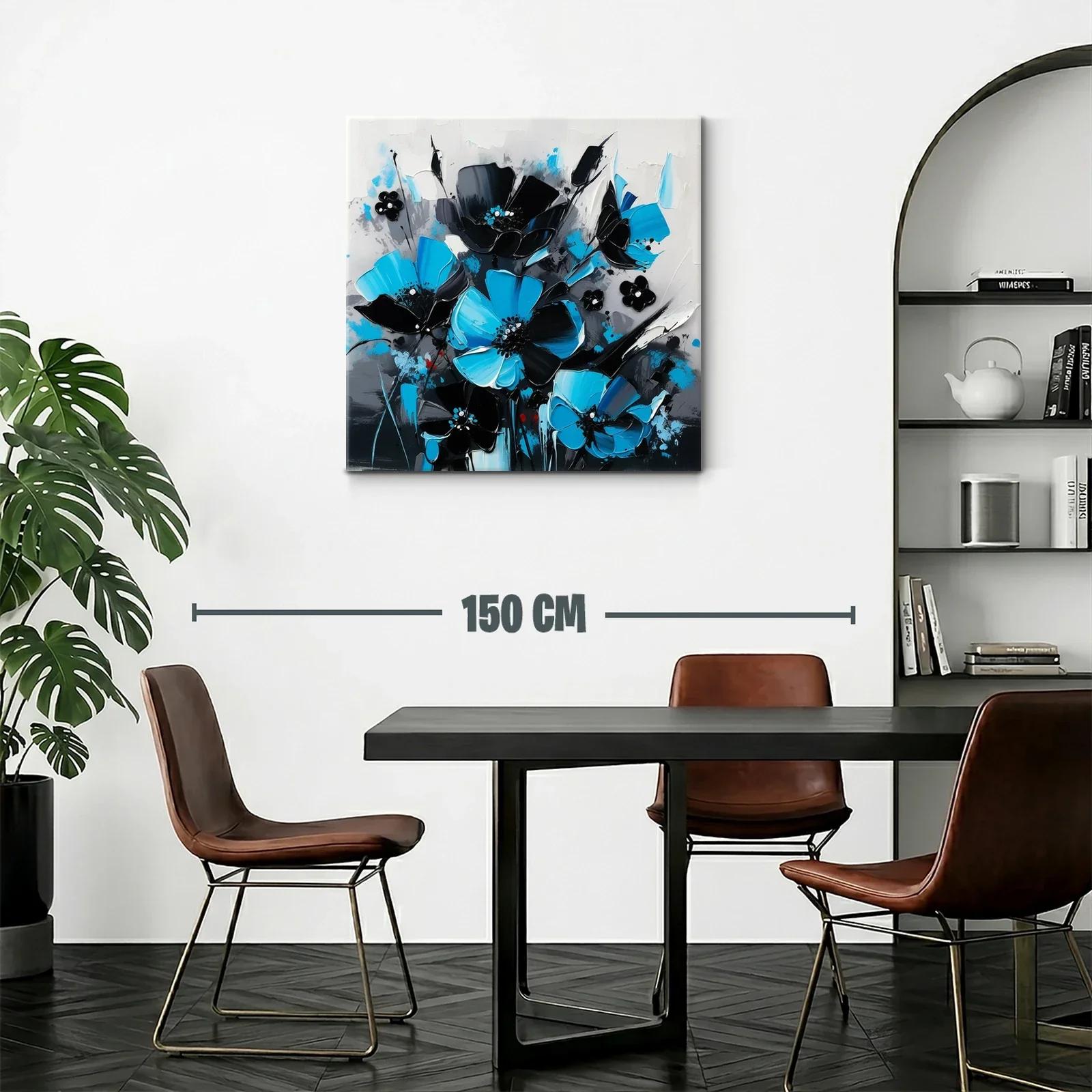 Cuadro floral moderno en tonos azul y negro vibrante — miniatura 2