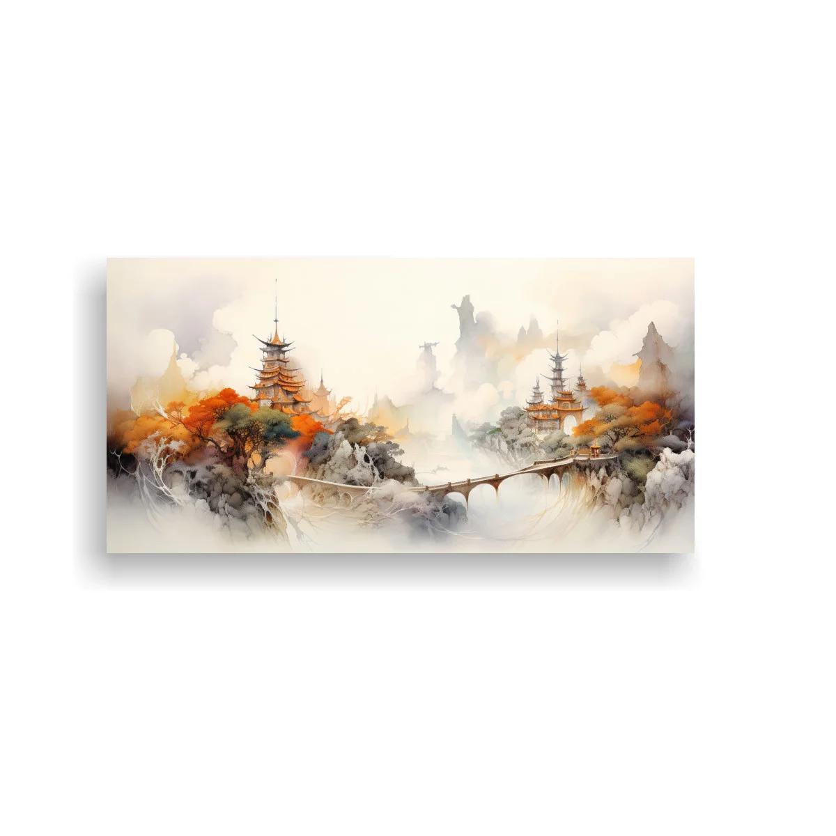 Cuadro paisaje asiático con pagodas y puente arqueado — imagen principal