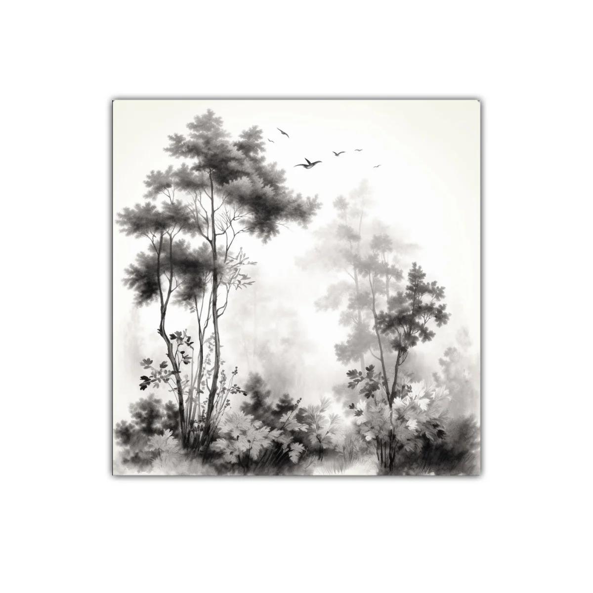 Paisaje sereno con árboles y aves en tonos neutros — imagen principal