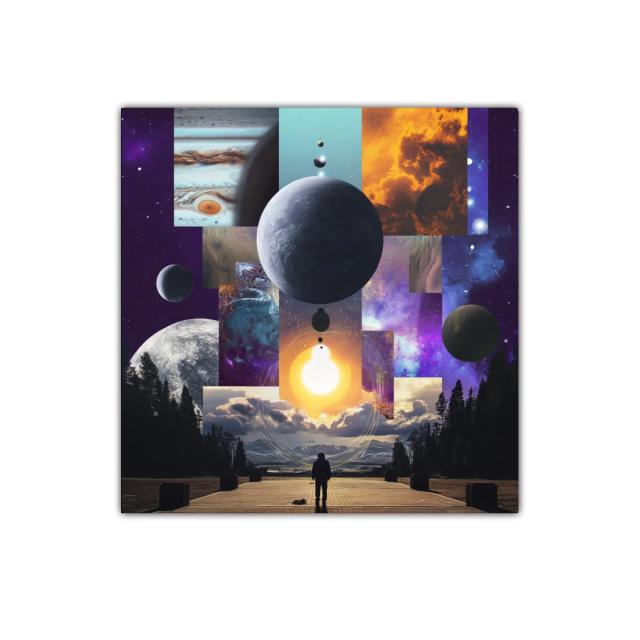 Viaje cósmico entre planetas y luces en colores vibrantes