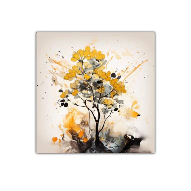 Cuadro decorativo con árbol floral en tonos ocres y grises