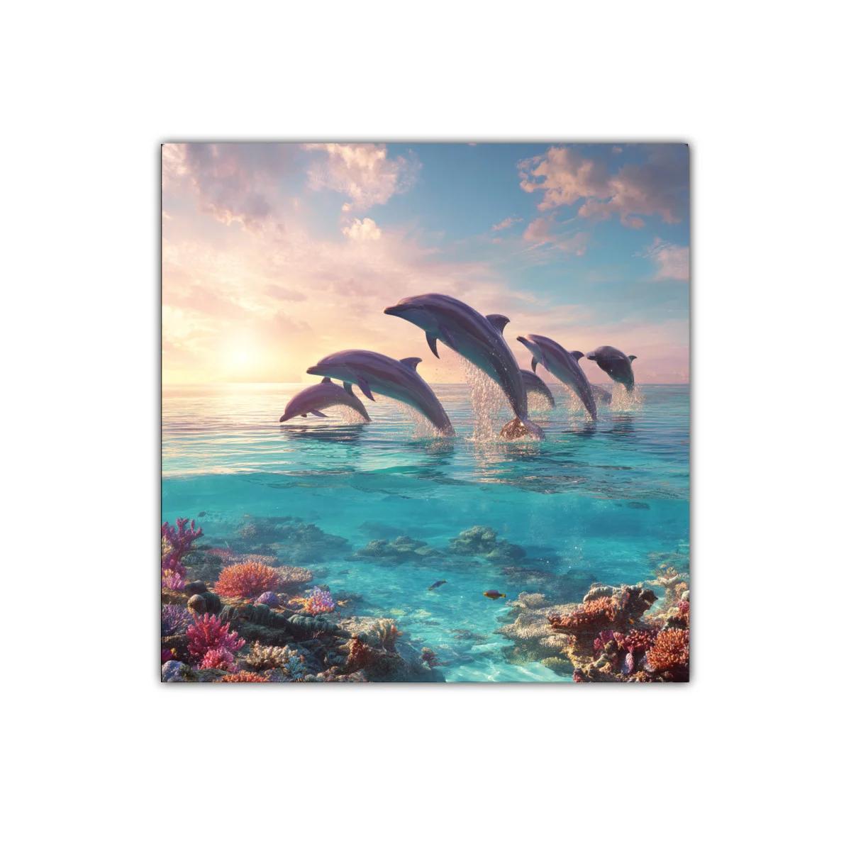 Saltos de delfines en un océano al amanecer colorido — imagen principal