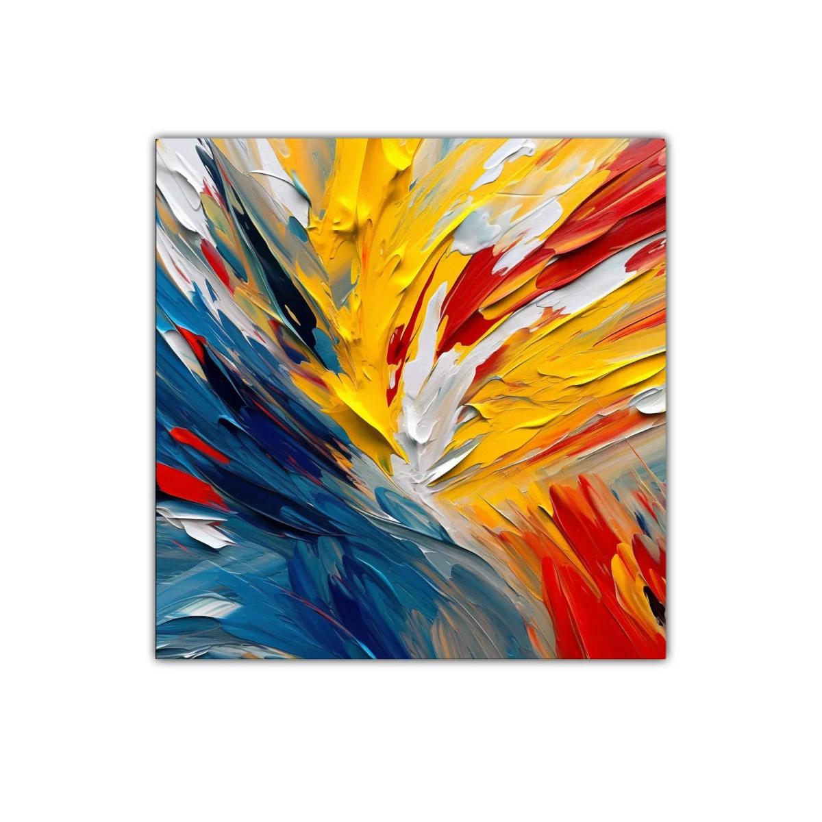 Cuadro abstracto vibrante con explosión de color cálido y frío