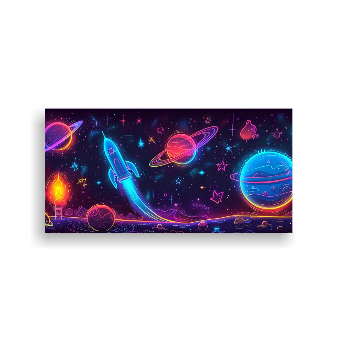 Cuadro planeta con anillos y cohete azul