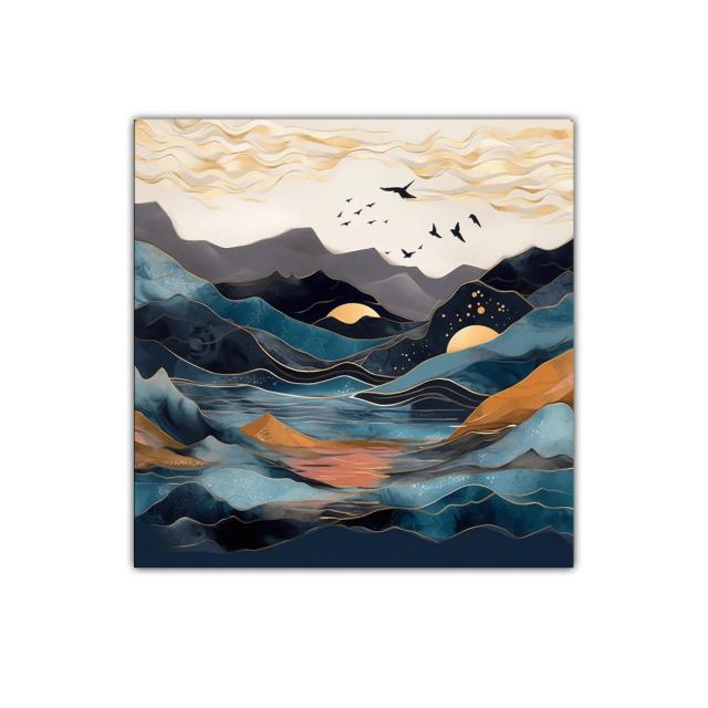 Paisaje abstracto con montañas y aves en tonos azules y dorados