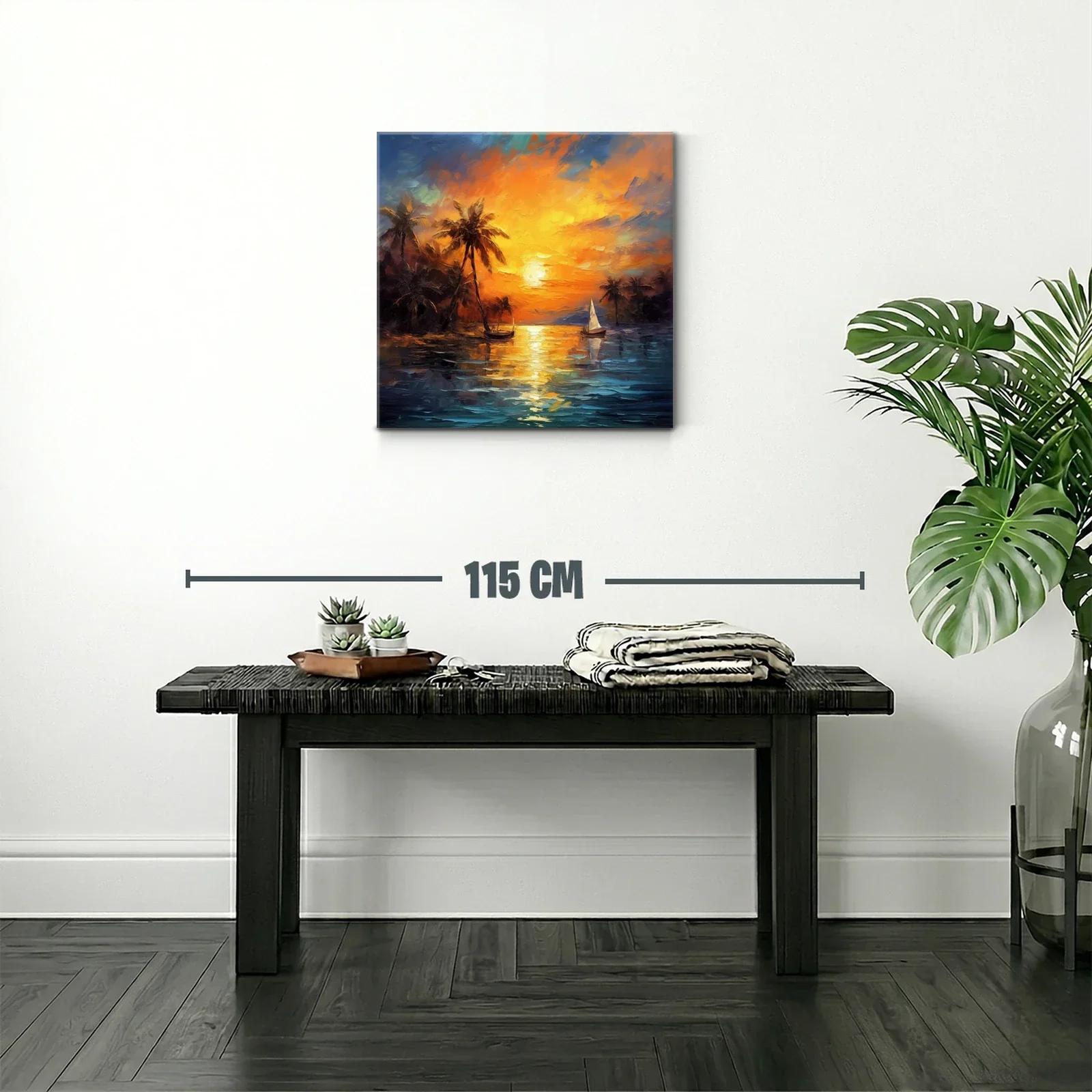 Atardecer tropical con palmeras y barco de vela sobre el mar — miniatura 2