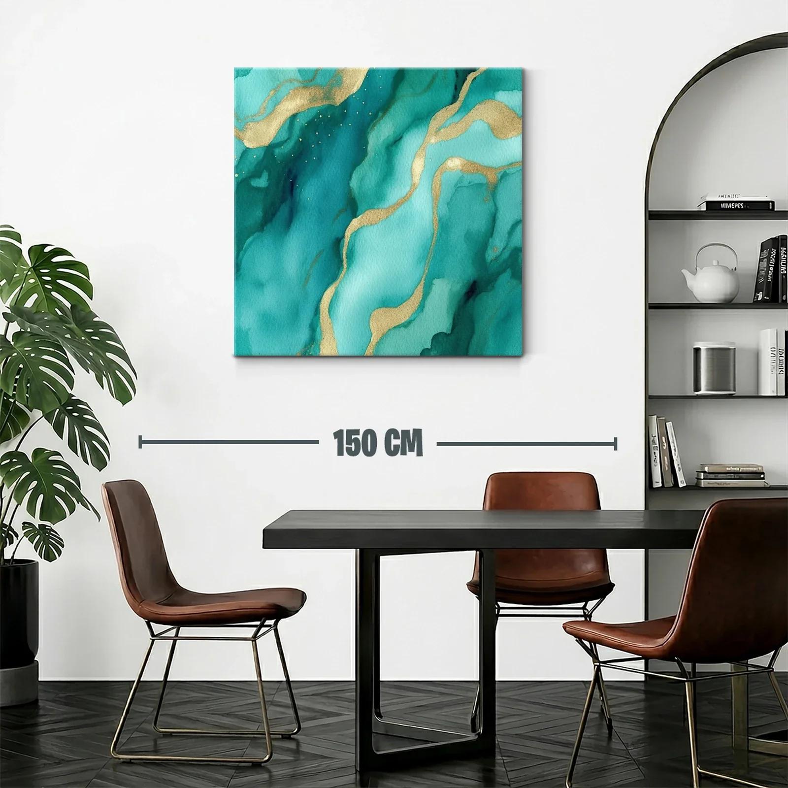 Cuadro abstracto en tonos verdes con detalles dorados — miniatura 2