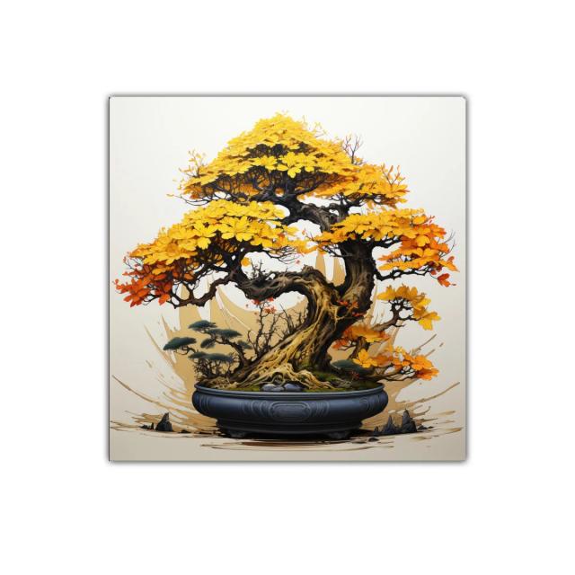 Árbol Bonsái con Hojas en Tonos Otoñales Amarillos y Naranjas