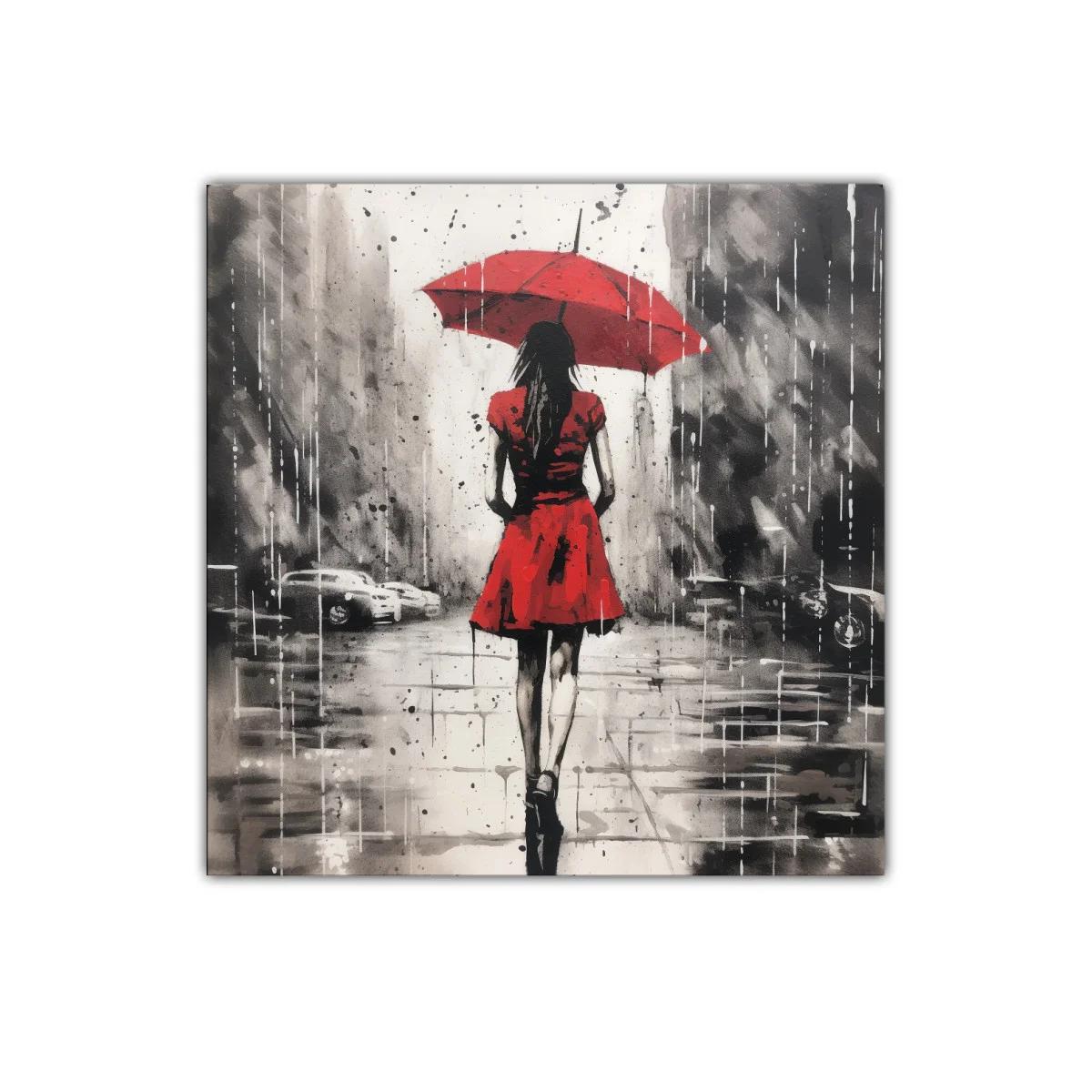 Mujer con paraguas rojo en día lluvioso urbano — imagen principal