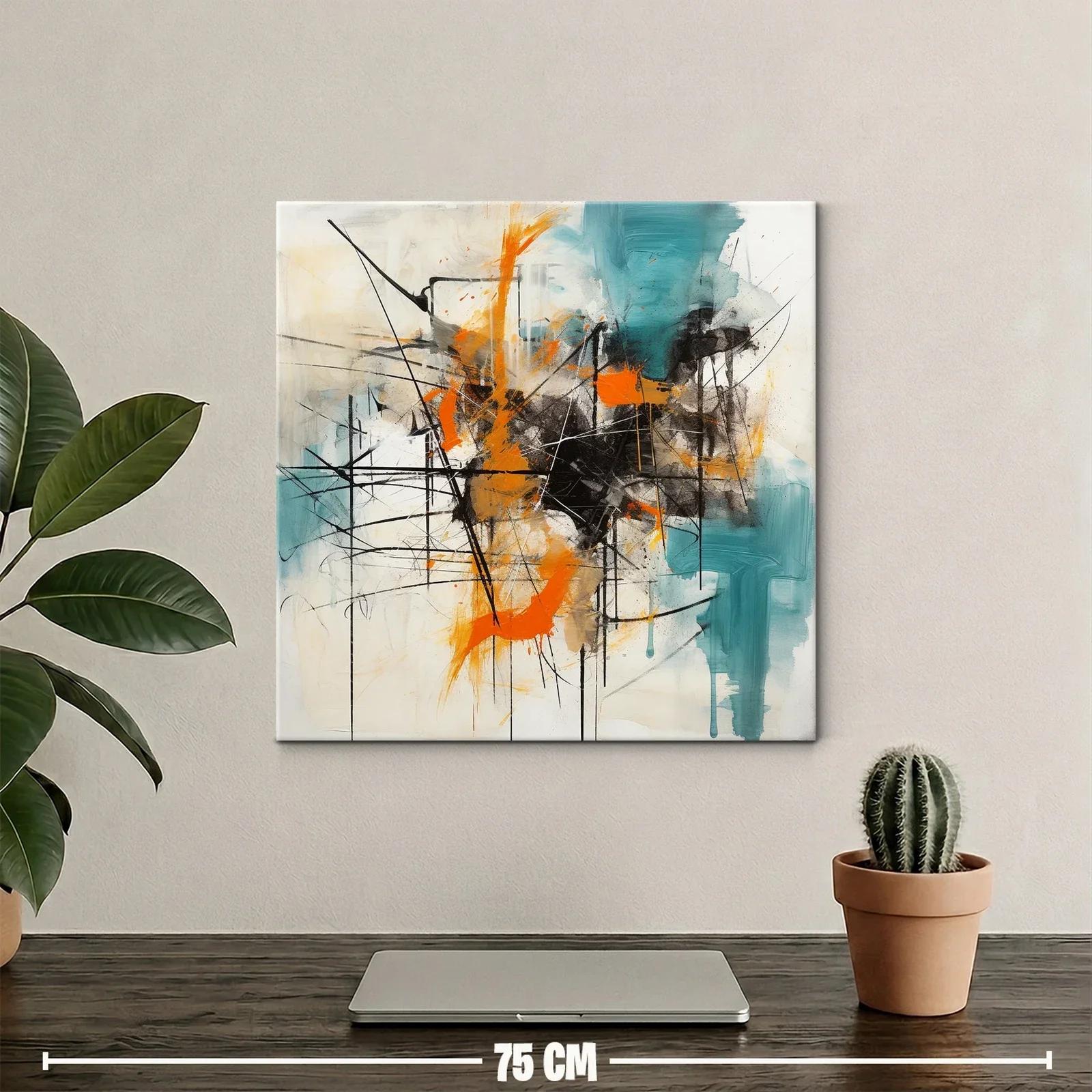 Cuadro abstracto con trazos en naranja y turquesa vibrante — miniatura 2