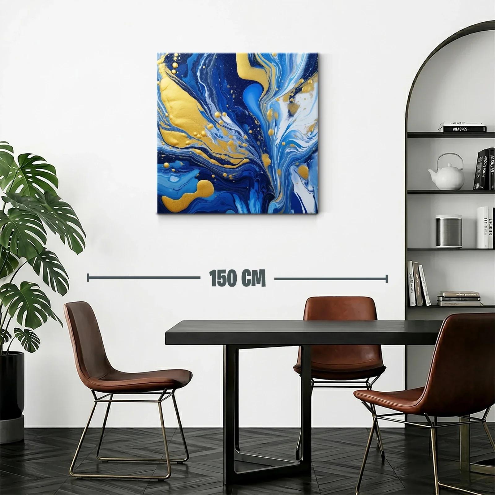Cuadro abstracto en tonos azules con detalles dorados brillantes — miniatura 2