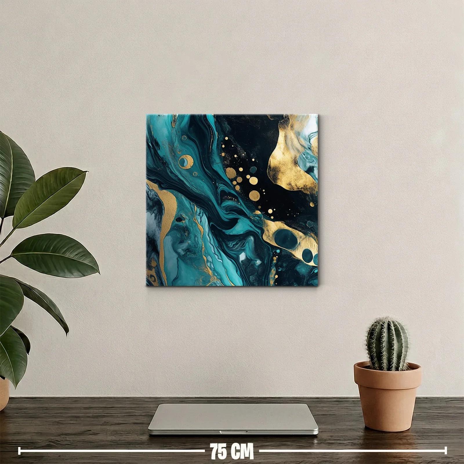 Cuadro abstracto con tonos turquesa y dorado vibrante — miniatura 2