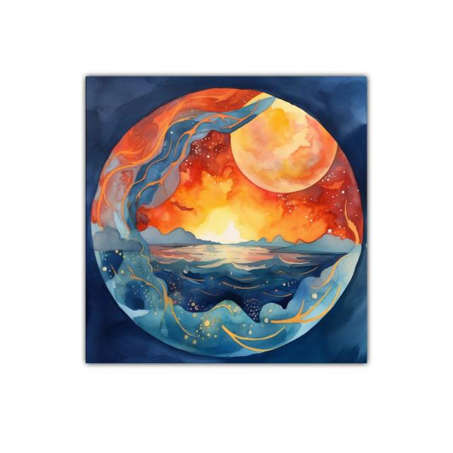 Atardecer celestial con mar y luna gigante vibrante