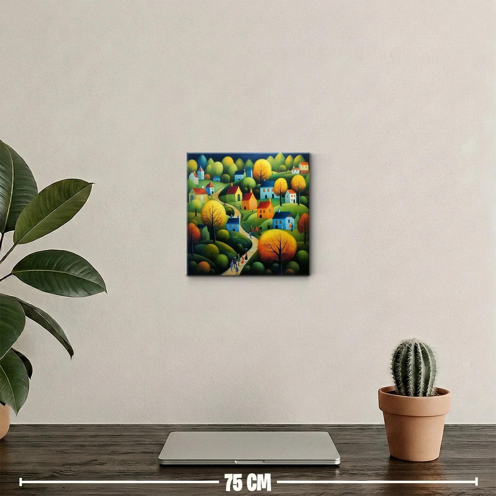 Paisaje de pueblo con tonos cálidos y verdes vibrantes — miniatura 2