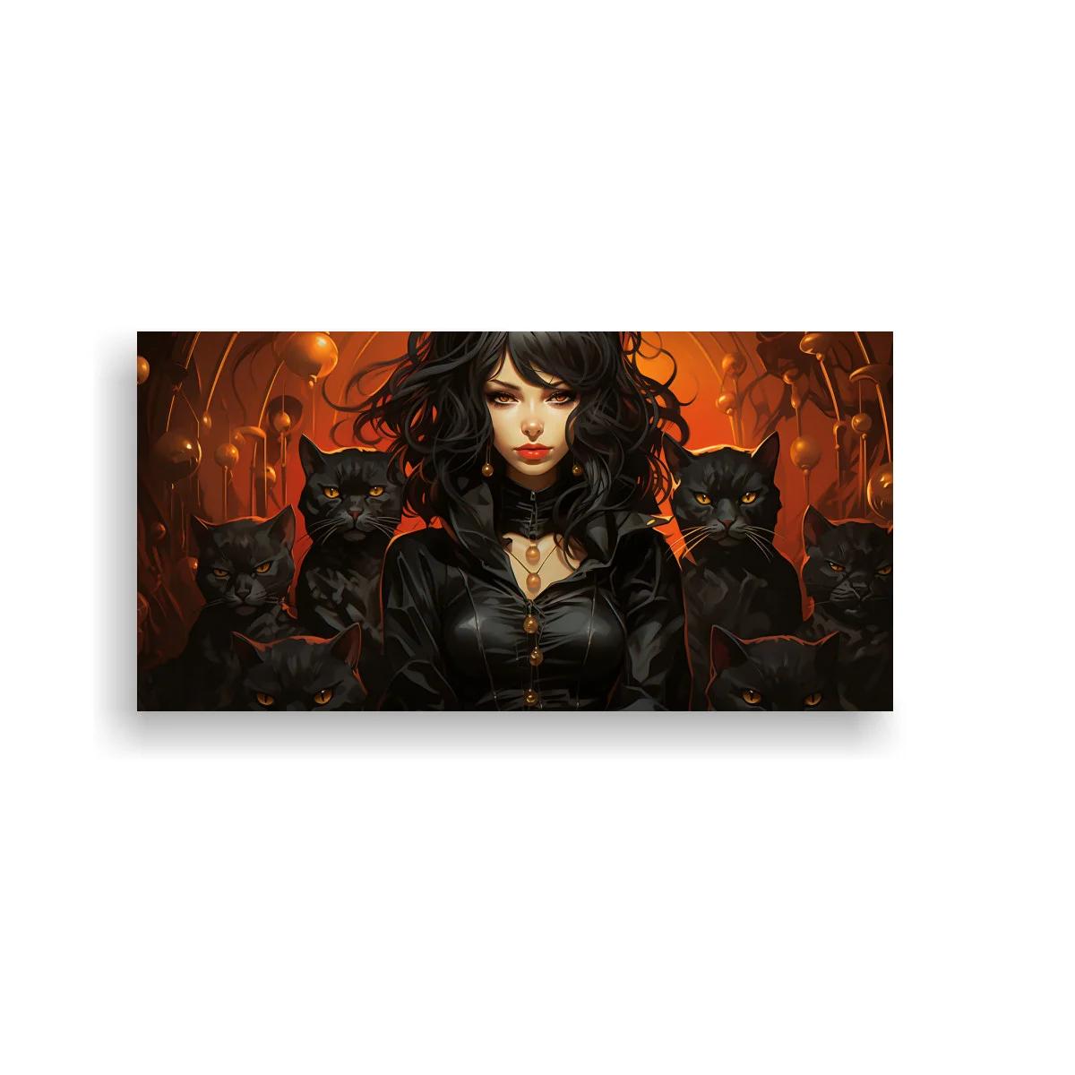 Cuadro mujer de cabello negro rodeada de gatos y velas