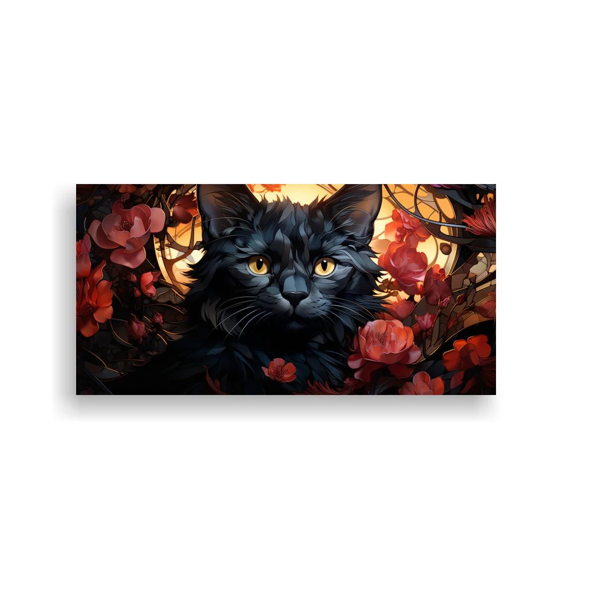 Cuadro gato negro de pelo largo con flores coral y fondo cálido