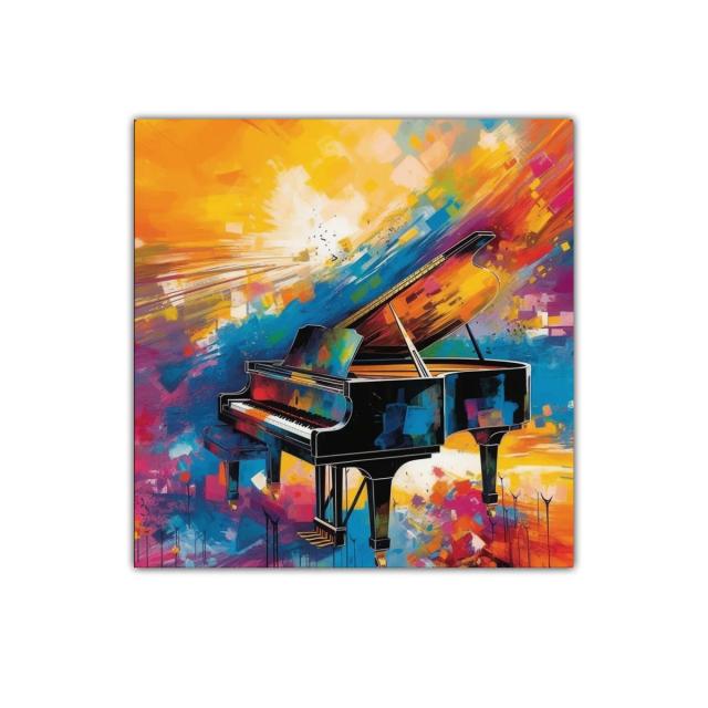 Cuadro decorativo con piano y explosión de color vibrante