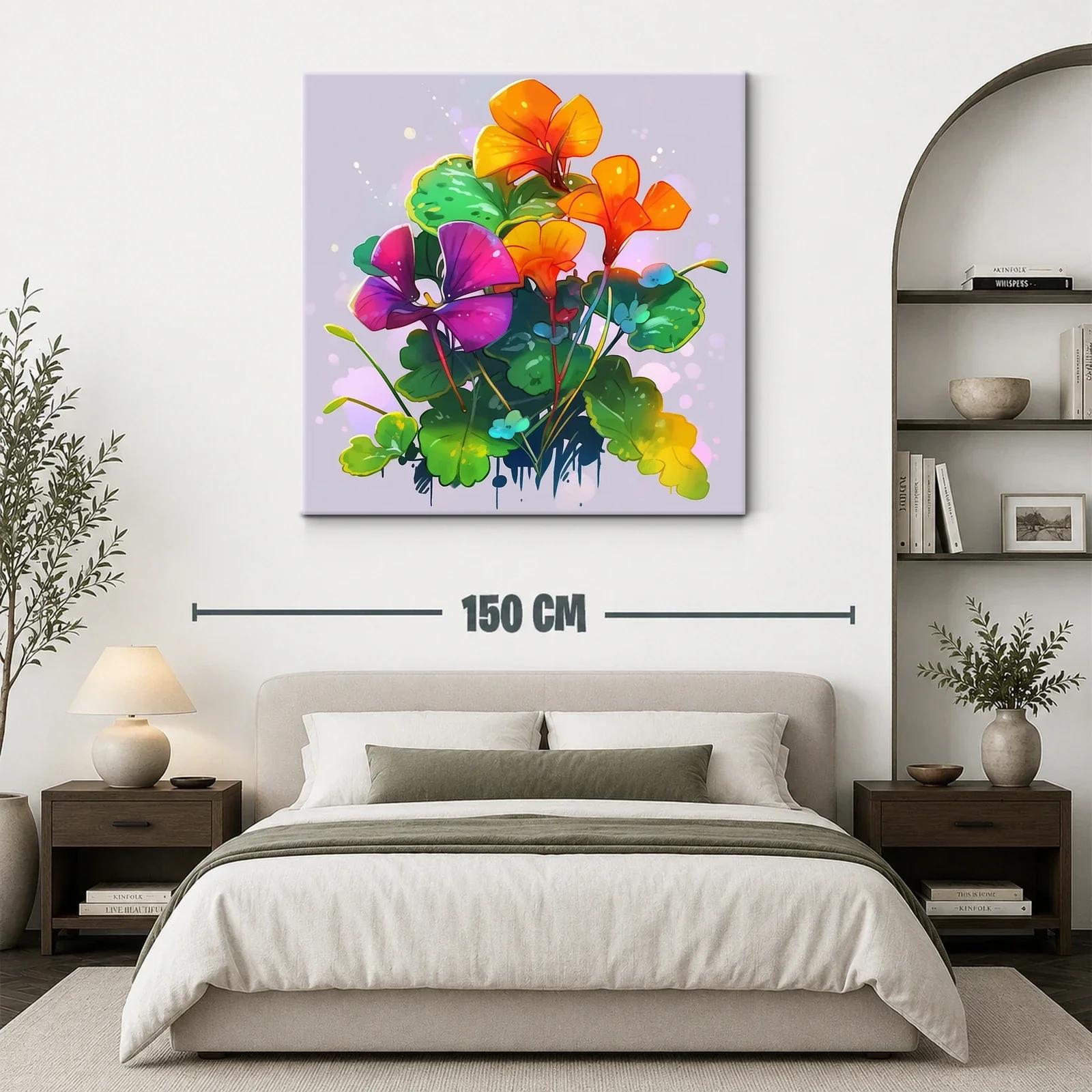 Cuadro floral vibrante con tonos naranjas y púrpuras — miniatura 3