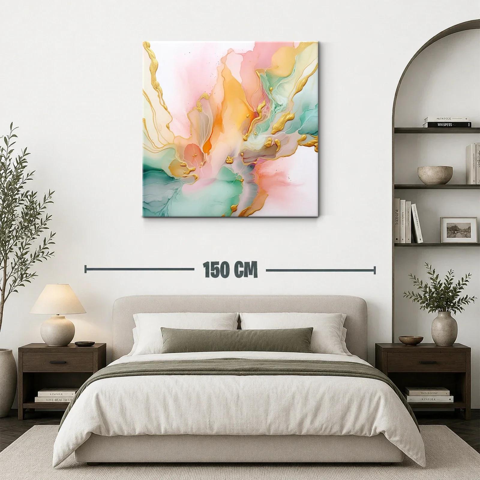 Cuadro abstracto con tonos pastel y detalles dorados — miniatura 3