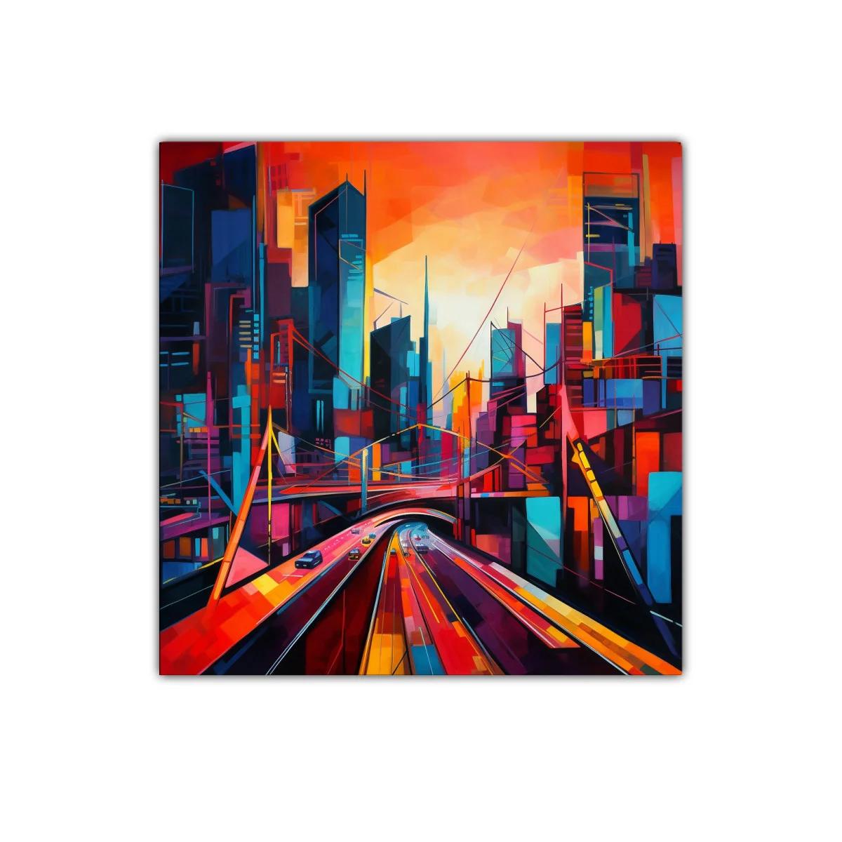 Vibrante paisaje urbano con rutas iluminadas al atardecer — miniatura 1