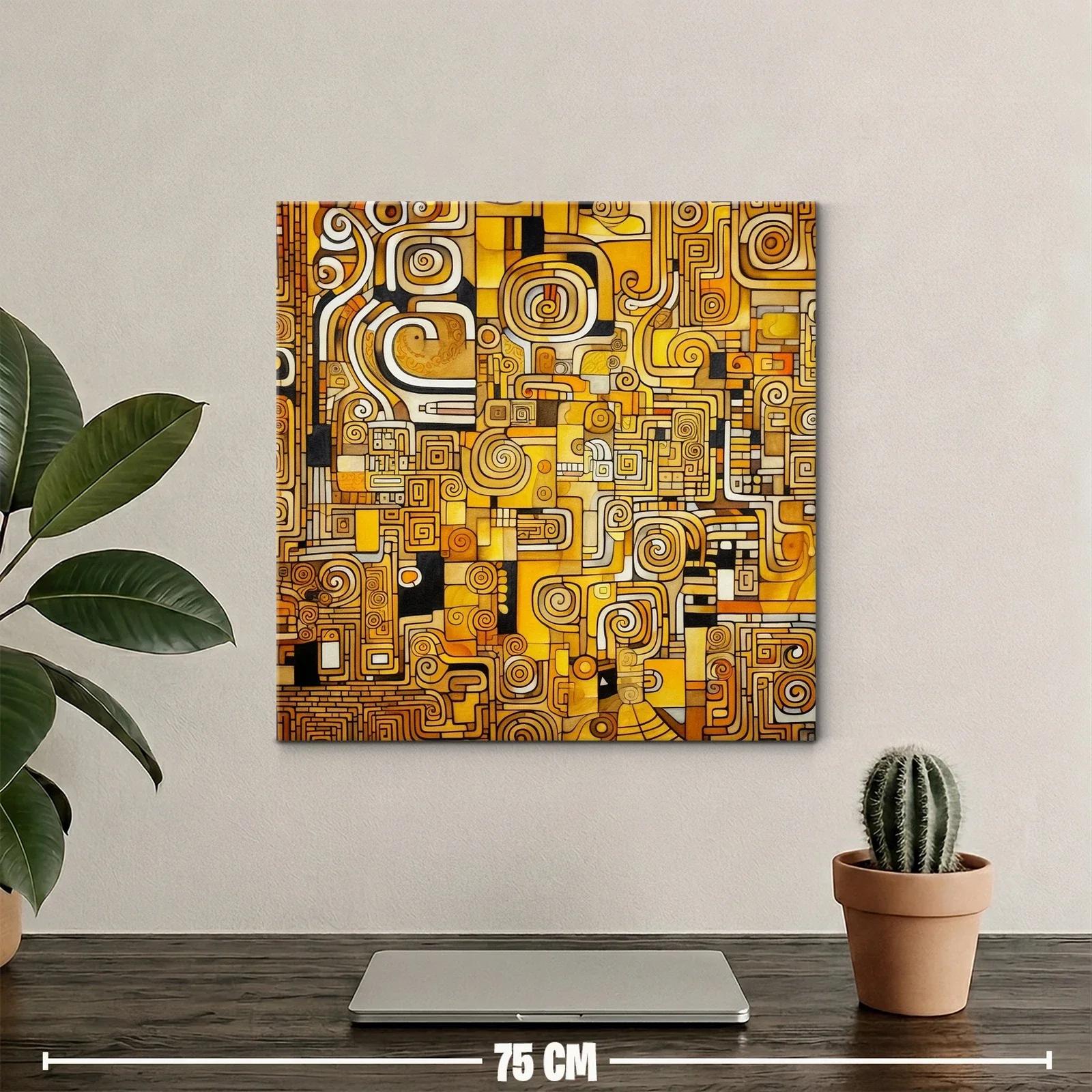 Cuadro abstracto en tonos dorados con patrones geométricos — miniatura 2