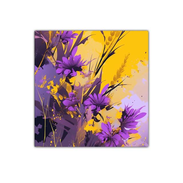 Cuadro decorativo con flores moradas y fondo amarillo vibrante