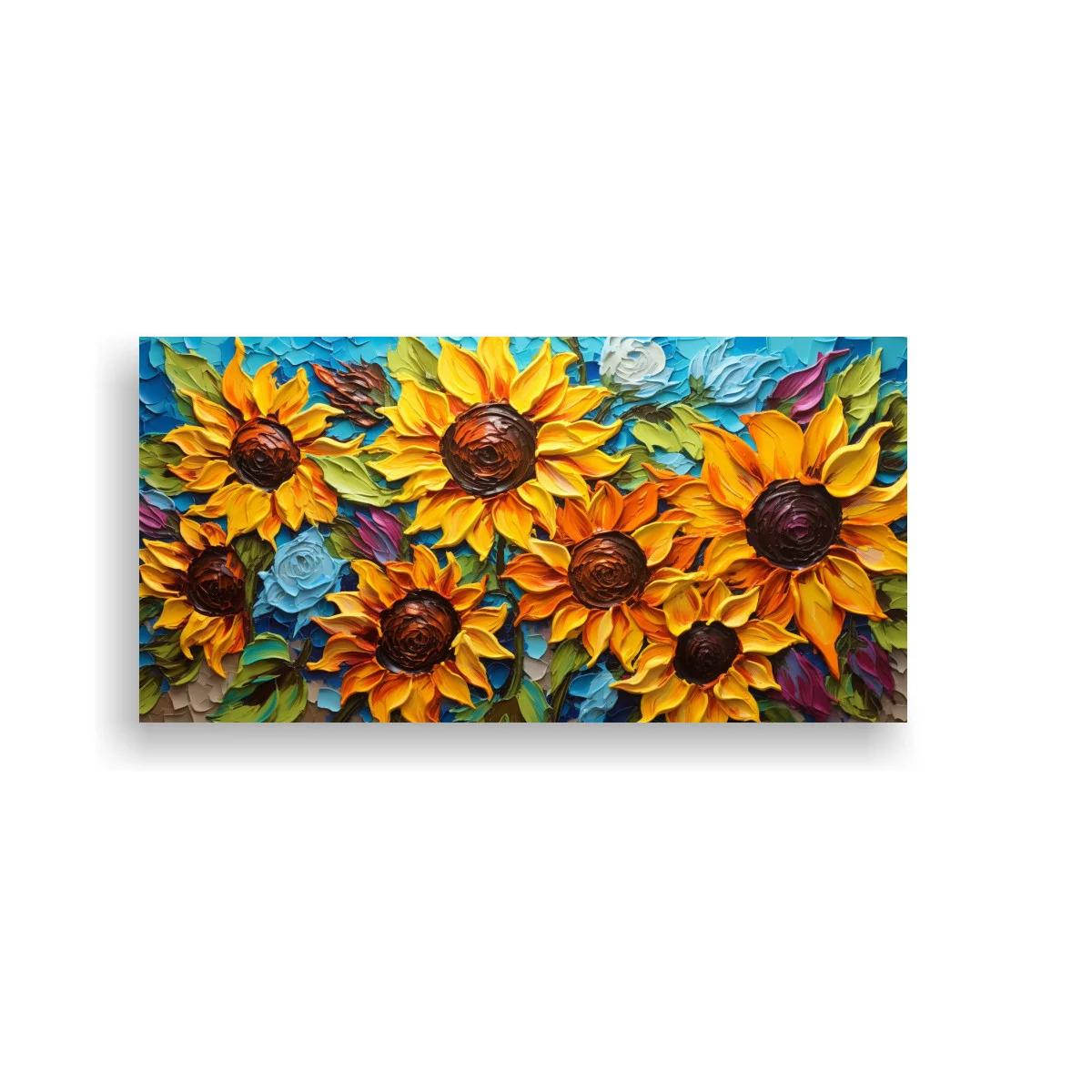 Cuadro girasoles con follaje azul y turquesa