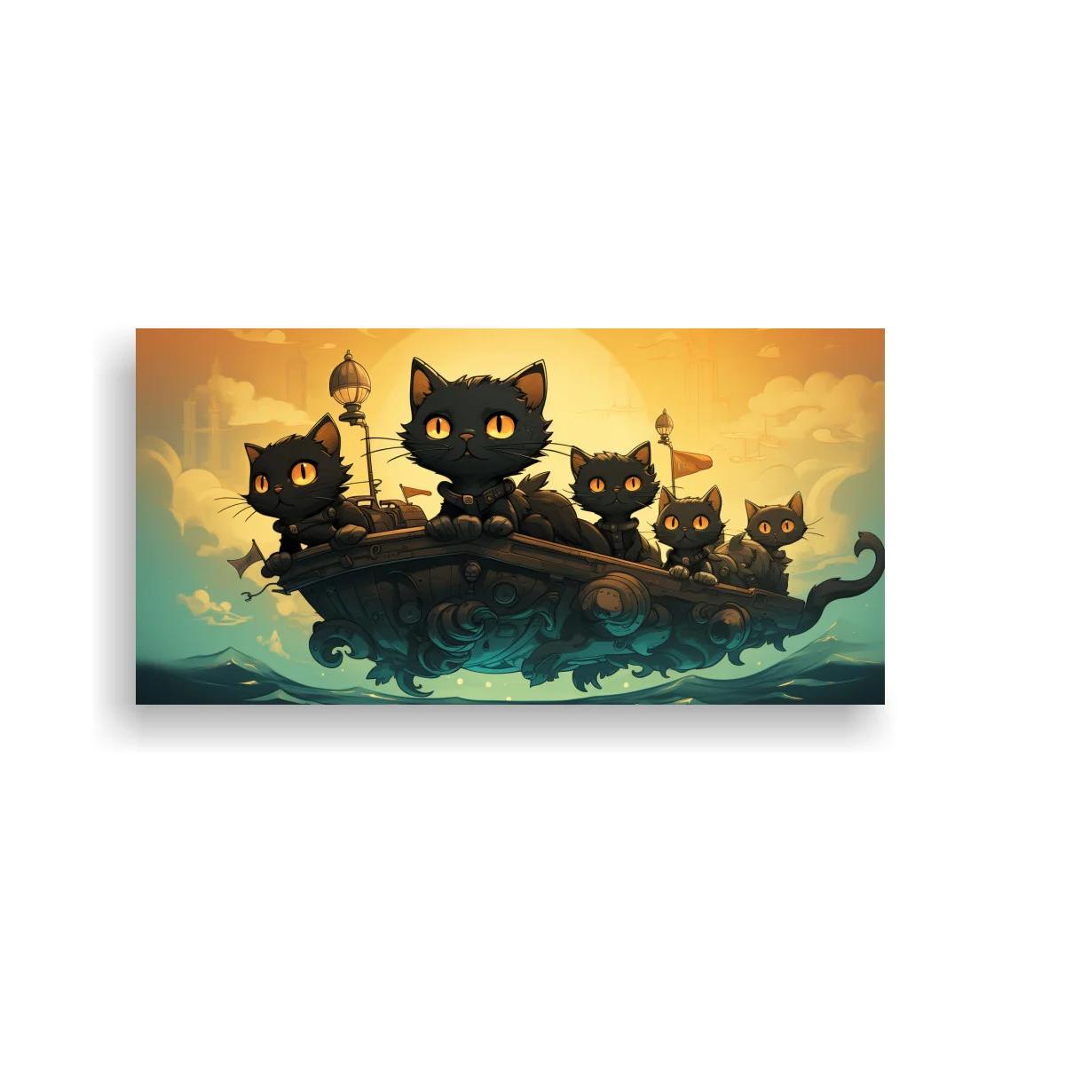 Cuadro gatos negros sobre barco fantástico
