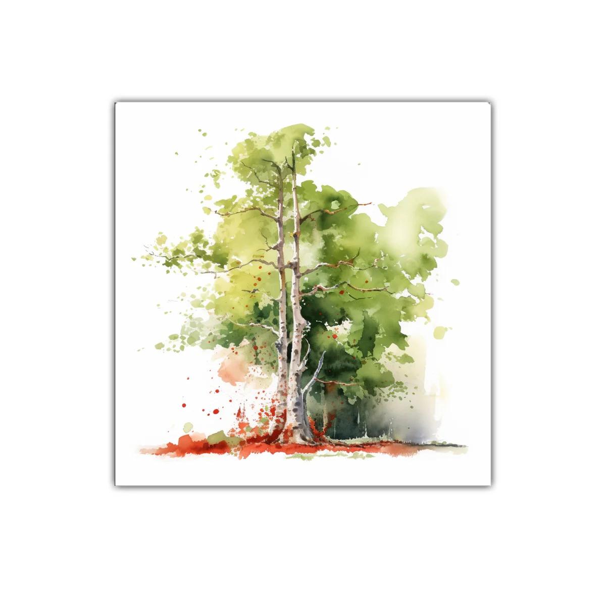 Cuadro decorativo árbol en acuarela tonos verdes y tierra