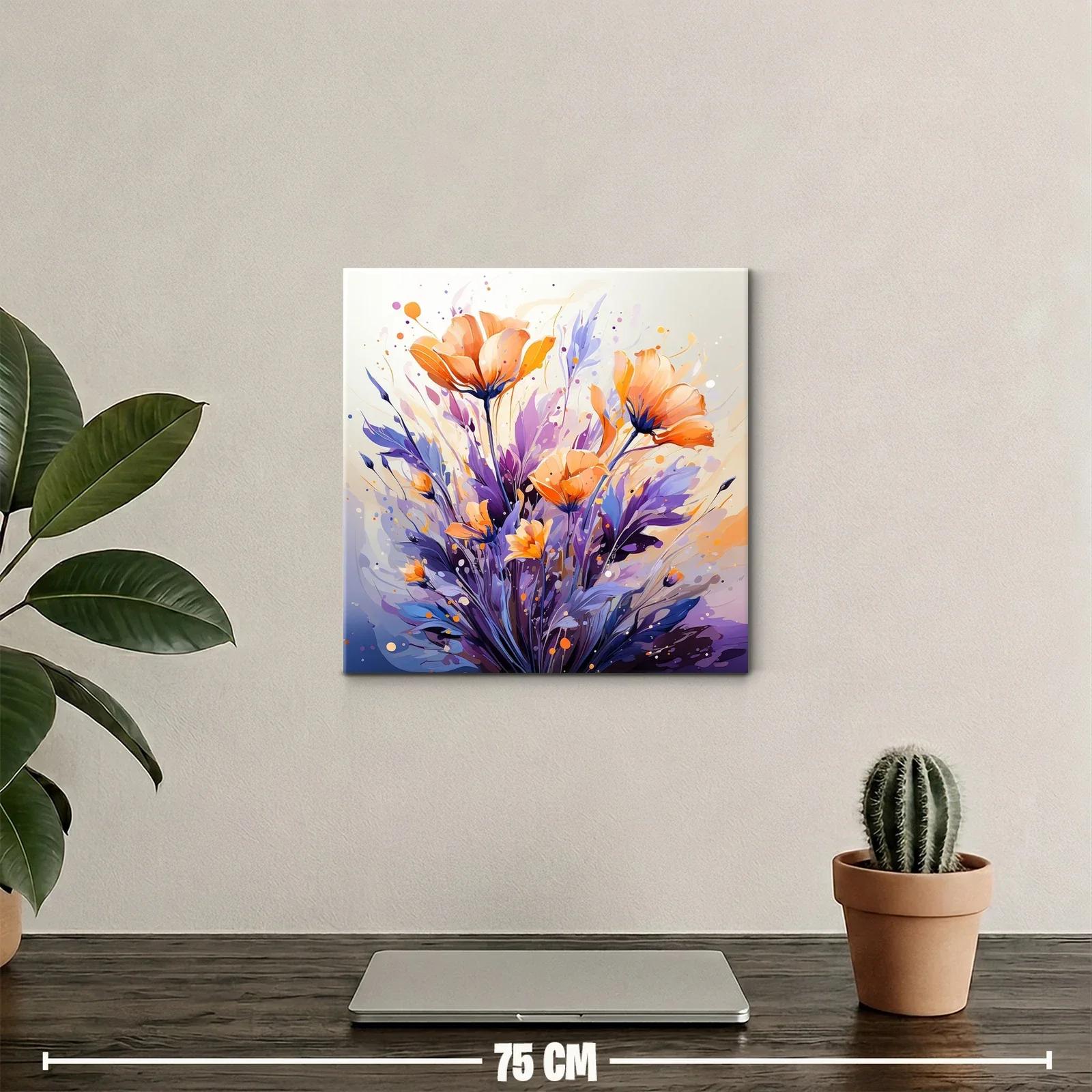 Cuadro moderno con flores en tonos naranja y púrpura — miniatura 2