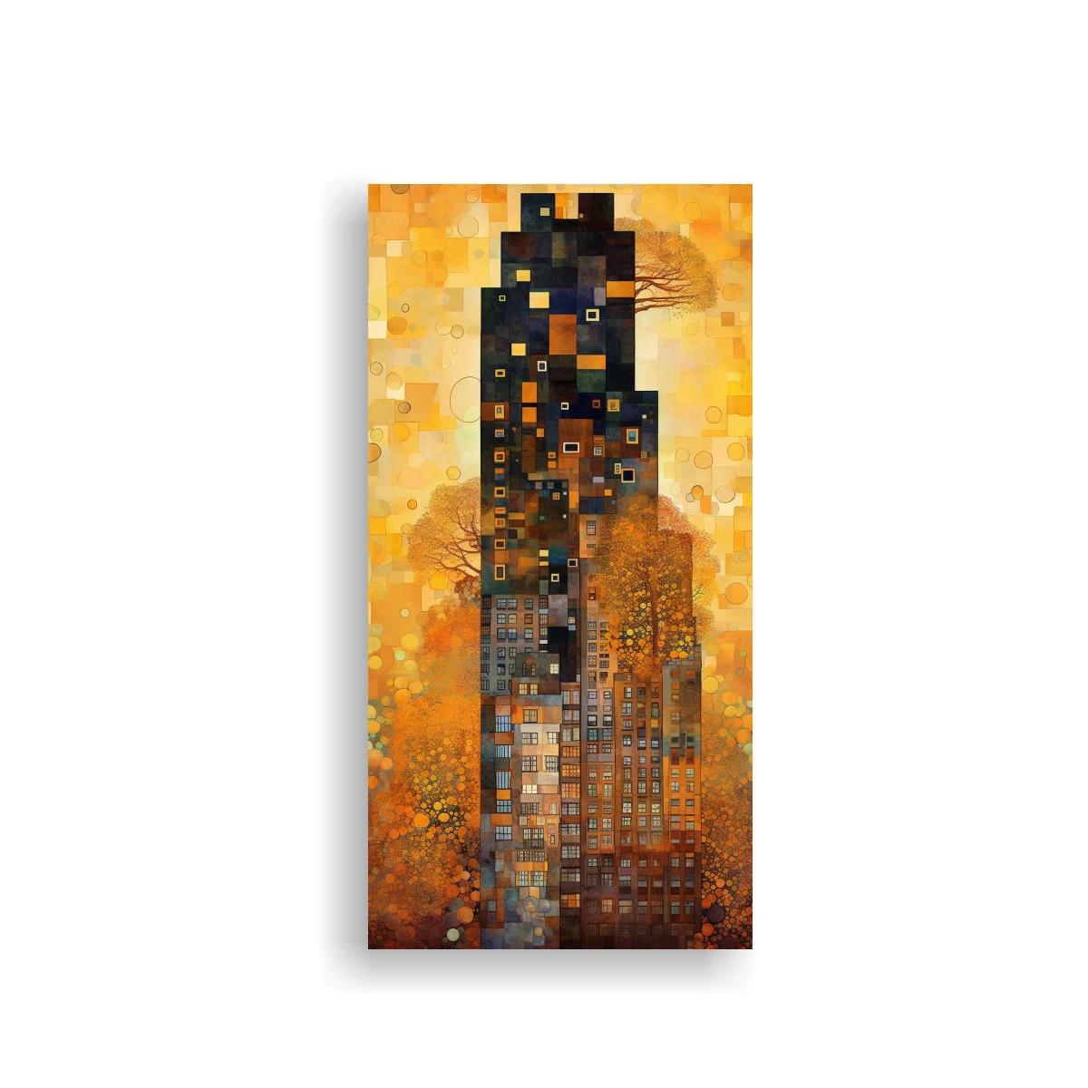 Cuadro skyline urbano abstracto con torre oscura y resplandor cálido
