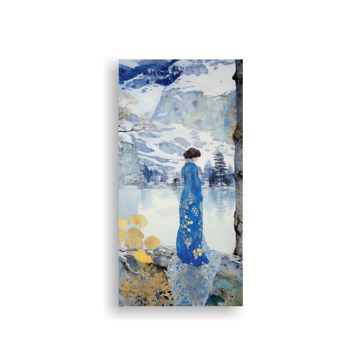 Cuadro mujer con kimono azul junto a lago y montañas nevadas