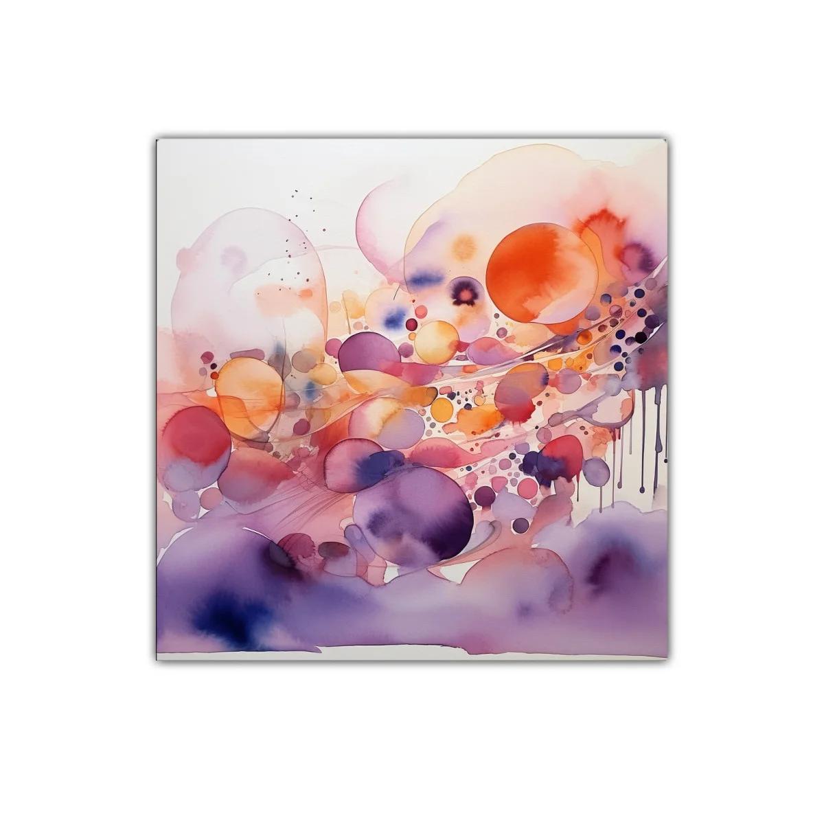 Cuadro decorativo abstracto con esferas en tonos cálidos y violetas